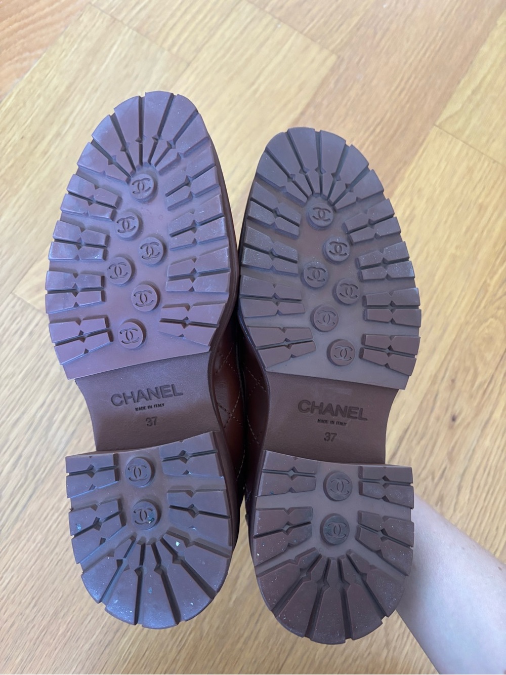 CHANEL Chestnut Brown Leather Penny Loafers with Gold CC Emblem - Picture 9 of 9